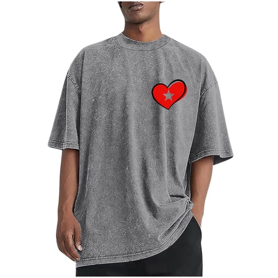 Dagegui Oversized Heart Graphic T-Shirt for Men Cotton Crewneck Short Sleeve Shirts Vintage Washed Tee Streetwear Casual Loose Fit Summer Tops Gray XXXXXL