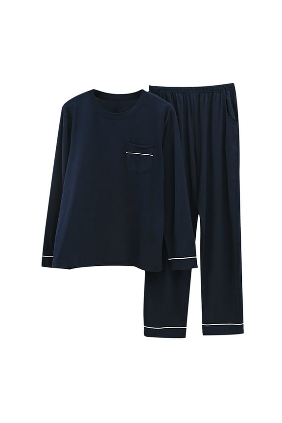 Pajama 2 Pieces Outfits for Men Casual Crew Neck Shirts Long Pants Sets Big and Tall Basic Pajamas Set Navy 3XL