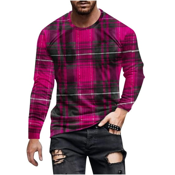 Dagegui Plaid T-Shirts for Men Big and Tall Athletic Tee Crewneck Long Sleeve Pullover Trendy Streetwear Tops Hot Pink XXXL