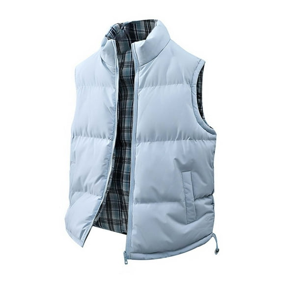Dagegui Puffer Vest for Men Plaid Lined Stand Collar Sleeveless Jackets Fall Everyday Coats Lightweight Winter Outdoor Travel Vests with Pockets Light Blue XL