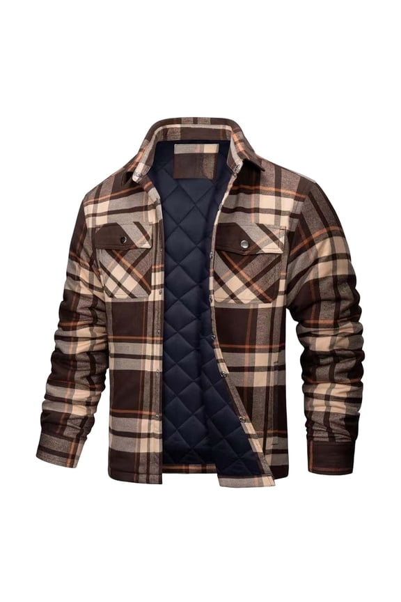 Quilted Lined Shirts Jacket for Men Thermal Work Tops Plaid Long Sleeve Button Down Shirt Outerwear Fall Winter Warm Coats with Pockets Coffee L