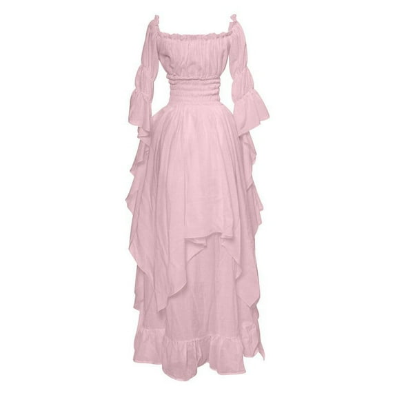 Dagegui Renaissance Dress for Women Cotton Linen Medieval Victorian Dress Long Sleeve One Shoulder Tunic Dress Plus Size Halloween Costumes Clearance Sale Pink M