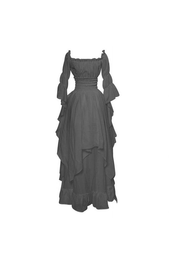 Renaissance Dress for Women Cotton Linen Medieval Victorian Dress Long Sleeve One Shoulder Tunic Dress Plus Size Halloween Costumes Gray S