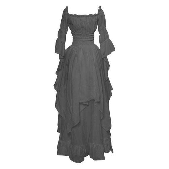 Dagegui Renaissance Dress for Women Cotton Linen Medieval Victorian Dress Long Sleeve One Shoulder Tunic Dress Plus Size Halloween Costumes Gray L