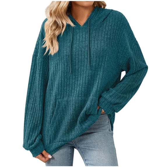 Dagegui Ribbed Knit Hoodies for Women Oversized Long Sleeve Hooded Sweatshirts Fall Casual Loose Fit Pullover Tops with Drawstring & Pocket Blue XXL