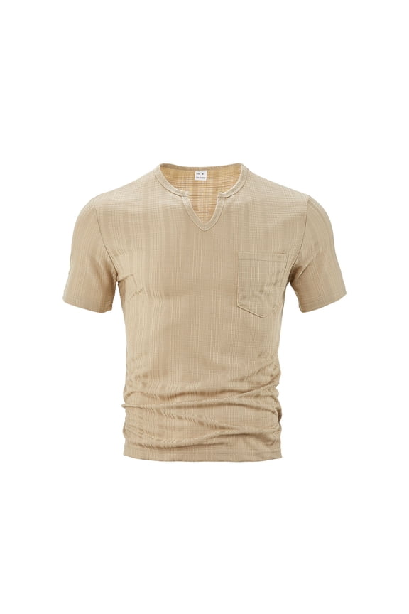 Short Sleeve Linen Shirt for Men Solid Notch V Neck T-Shirt Casual Pullover Beachwear Comfy Breathable Daily Tee Tops Khaki S