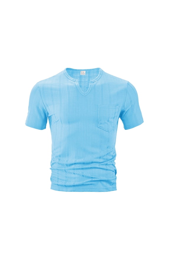 Short Sleeve Linen Shirt for Men Solid Notch V Neck T-Shirt Casual Pullover Beachwear Comfy Breathable Daily Tee Tops Light Blue XXXL