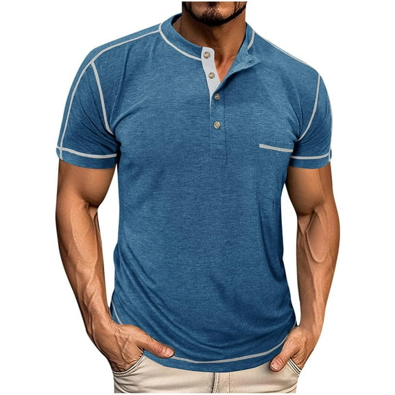 Dagegui Short Sleeve Shirt for Men Summer Blue Henley T-Shirt Crewneck Button Down Pullover Dressy Business Work Tops Pockets Tee L