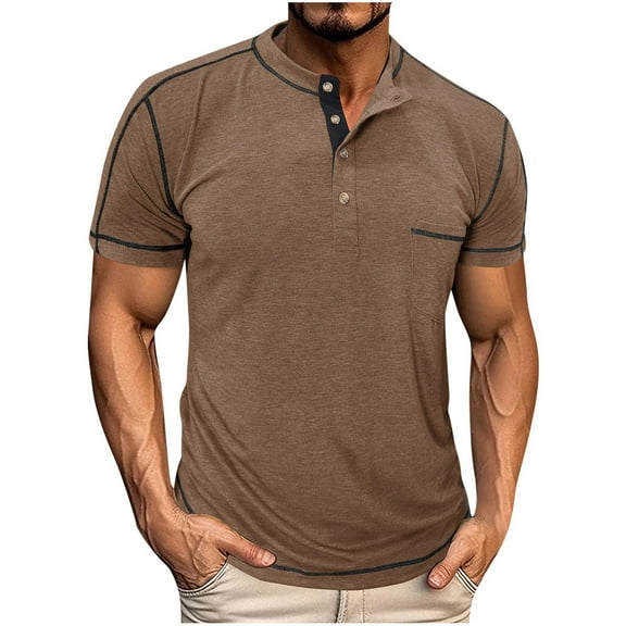 Dagegui Short Sleeve Shirt for Men Summer Khaki Henley T-Shirt Crewneck Button Down Pullover Dressy Business Work Tops Pockets Tee M