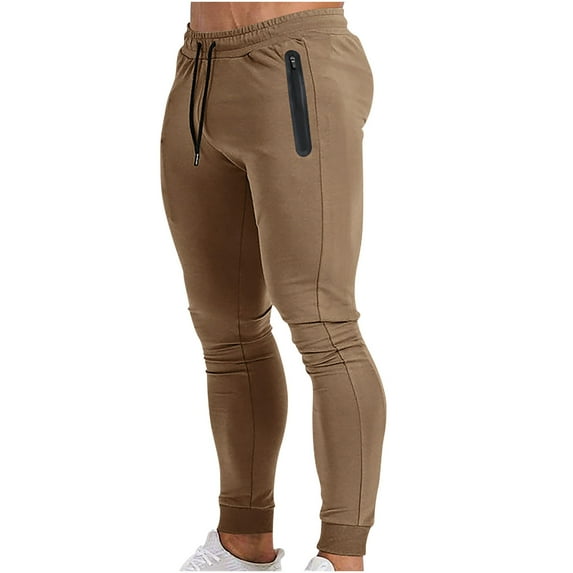 Dagegui Slim Jogger Sweatpants for Men Elastic Waist Gym Workout Pants with Zipper Pockets Cotton Bodybuilding Training Sweatpant Solid Color Sport Pant Brown 2XL