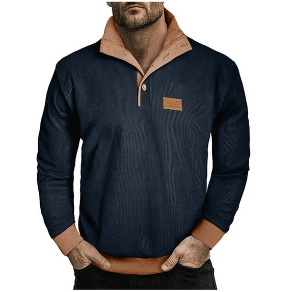 Dagegui Stand Collar Sweatshirt for Men Corduroy Long Sleeve Buttons Pullover Trendy Work Office Tops Dark Blue XL