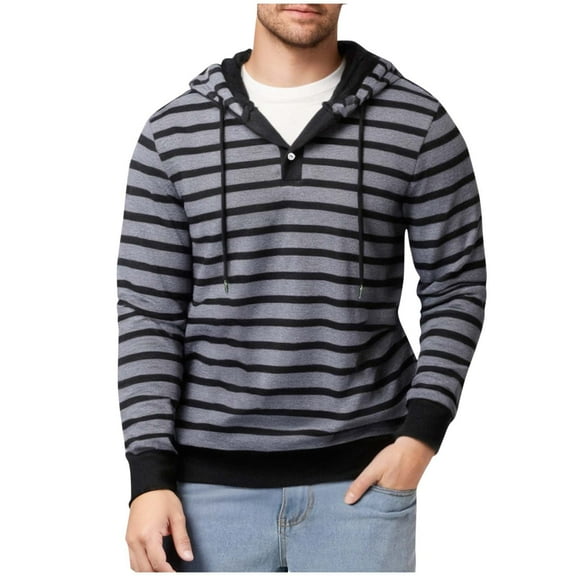Dagegui Striped Hoodie for Men Casual Hooded Sweatshirts Long Sleeve Button Drawstring Pullover Tops Fall Clothing Gray S