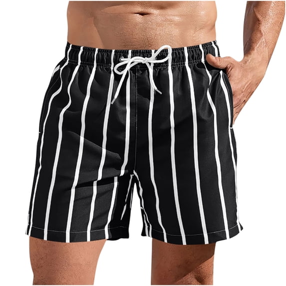 Dagegui Striped Shorts for Men Casual Elastic Waist Drawstring Shorts with Pockets Summer Beach Vacation Short Pants Black S