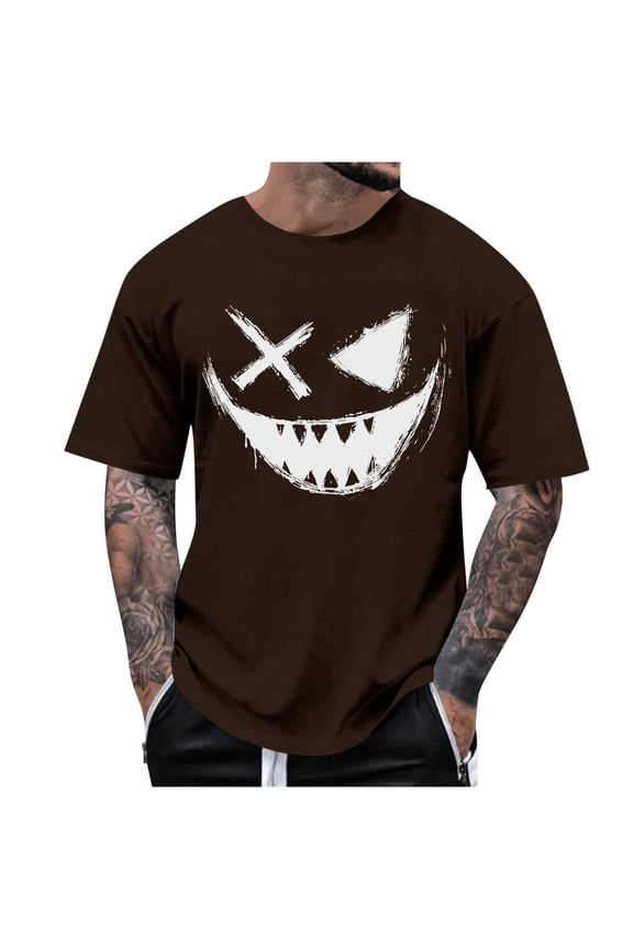 Summer Crew Neck Short Sleeve Tops for Men Smile Face Graphic T-Shirt Soft Comfy Casual Loose Fit Tees Brown XXXXXL