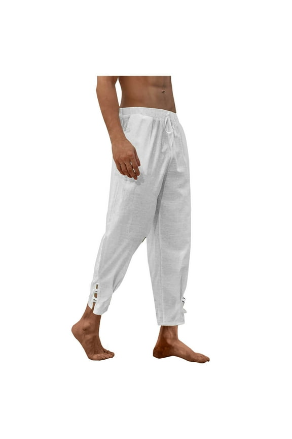 Summer Cropped Pants for Men Lightweight Elastic Waist Drawstring Harem Pant Casual Loose Fit Beach Trousers with Pocket White L