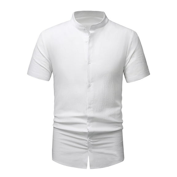 Dagegui Summer Linen T-Shirt for Men Short Sleeve Button Down Shirts Solid Color Office Slim Fit Dress Shirt White S
