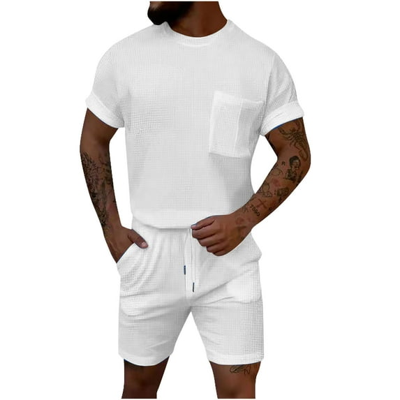 Dagegui Summer Outfit Sets for Men Waffle Crewneck T-Shirts and Short Pants Set Casual Beach Outdoor Outfits Solid Sweatsuits White 3XL
