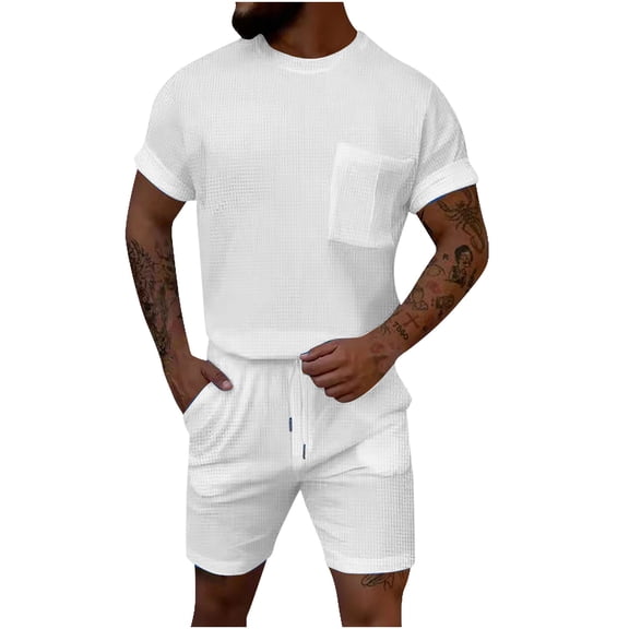 Dagegui Summer Outfit Sets for Men Waffle Crewneck T-Shirts and Short Pants Set Casual Beach Outdoor Outfits Solid Sweatsuits White S