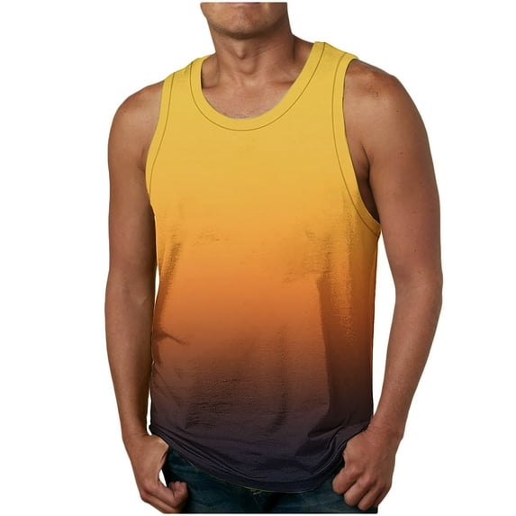 Dagegui Summer Tank Tops for Men Casual Sleeveless Crewneck Pullover Big and Tall Fitness Bodybuilding Tanks Trendy Gradient Print Sport Tees Yellow 3XL