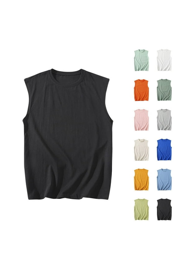 Summer Tank Tops for Men Cotton Crewneck Sleeveless Pullover Tees Big and Tall Sport Tanks Solid Color Casual Loose Fit Undershirts Black 4XL