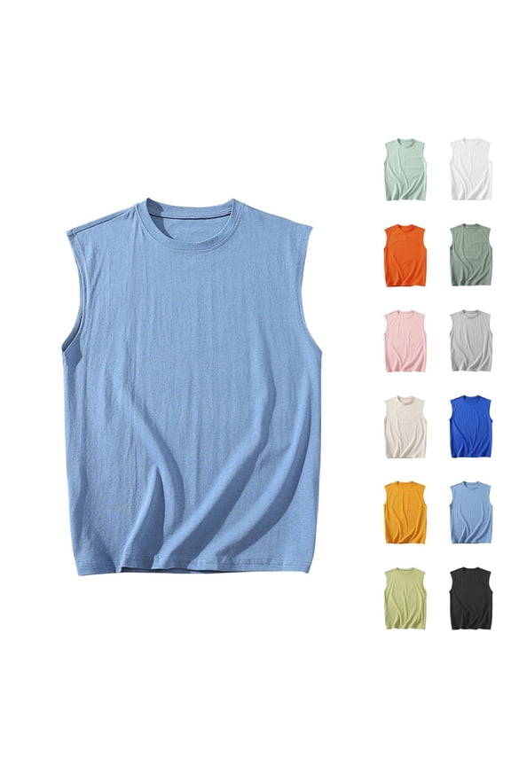 Summer Tank Tops for Men Cotton Crewneck Sleeveless Pullover Tees Big and Tall Sport Tanks Solid Color Casual Loose Fit Undershirts Dark Blue XL