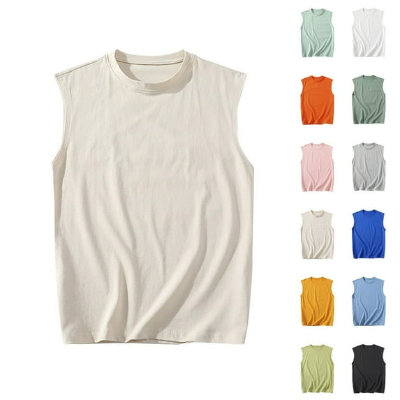Dagegui Summer Tank Tops for Men Cotton Crewneck Sleeveless Pullover Tees Big and Tall Sport Tanks Solid Color Casual Loose Fit Undershirts Khaki M