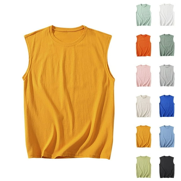 Dagegui Summer Tank Tops for Men Cotton Crewneck Sleeveless Pullover Tees Big and Tall Sport Tanks Solid Color Casual Loose Fit Undershirts Yellow 3XL