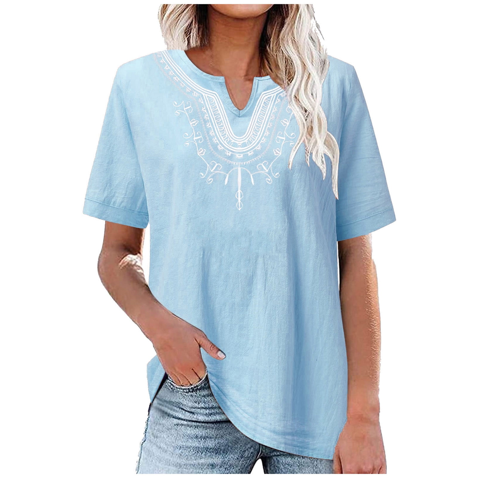 Women's Mexican Embroidered Blouse - Cotton Linen Notch V-Neck Short Sleeve Peasant Top (Vintage Casual)