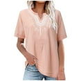 thumbnail image 1 of Dagegui Summer Tops for Women Casual Mexican Embroidered Blouses Cotton Linen Notch V Neck T Shirt Short Sleeve Gauze Shirts Pink S-2XL, 1 of 5