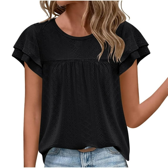 Dagegui Summer Tops for Women Eyelet Ruffle Sleeve Blouses Solid Color Babydoll Shirts Casual Loose Crewneck Tunic Tops Black S-2XL