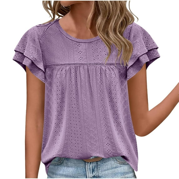 Dagegui Summer Tops for Women Eyelet Ruffle Sleeve Blouses Solid Color Babydoll Shirts Casual Loose Crewneck Tunic Tops Purple S-2XL