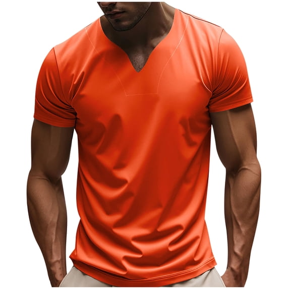 Dagegui Summer V-Neck T Shirt for Men Slim Fit Muscle Workout Tee Orange Short Sleeve Shirts Lightweight Summer Workout Tops 3X