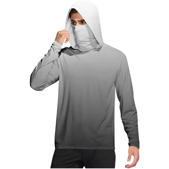 Dagegui Sun Hoodie for Men Gradient Color Long Sleeve UV Protection Beach Shirt UPF 50+ Face Mask Hooded T-Shirt Outdoor Travel Pullover Tops Gray M