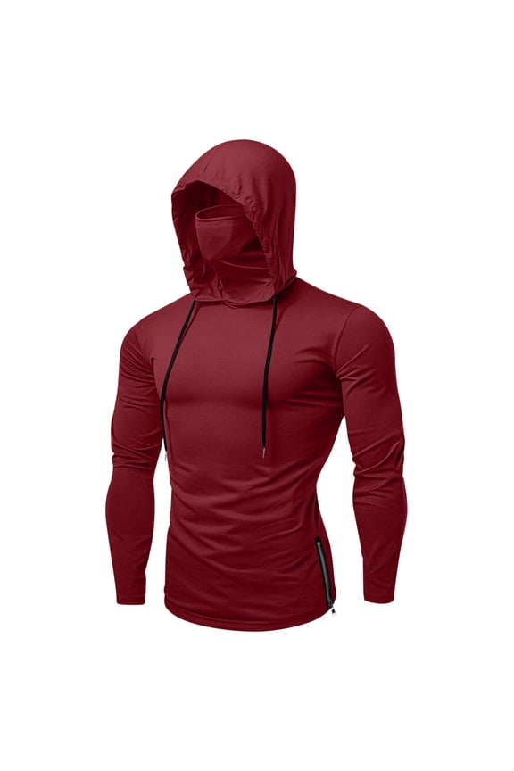 Sun Protection Hoodies for Men Face Mask Hooded Shirts UPF 50+ Rash Guard Tops Slim Outdoor Fishing Hiking Tees Wine XL