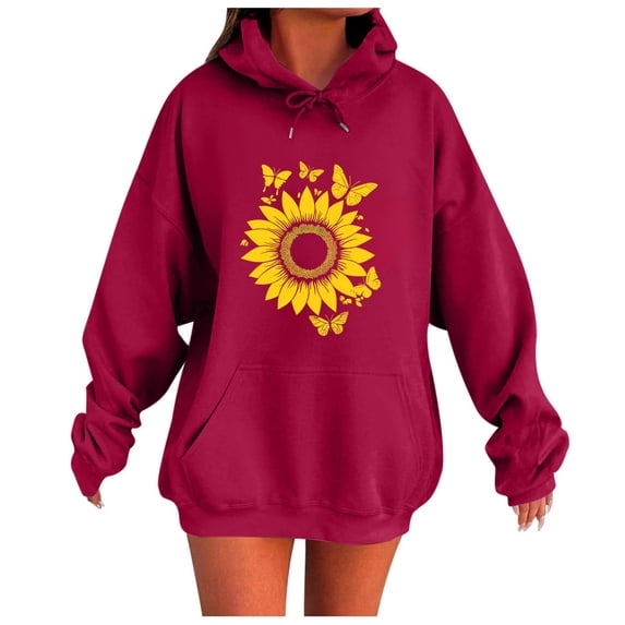 Dagegui Sunflower Hoodies for Women Oversized Sweatshirts Fall Winter Hooded Pullover Top | Aesthetic Drop Shoulder, Long Sleeve, Baggy, Pocket, School, Everyday Casual Wear Red S
