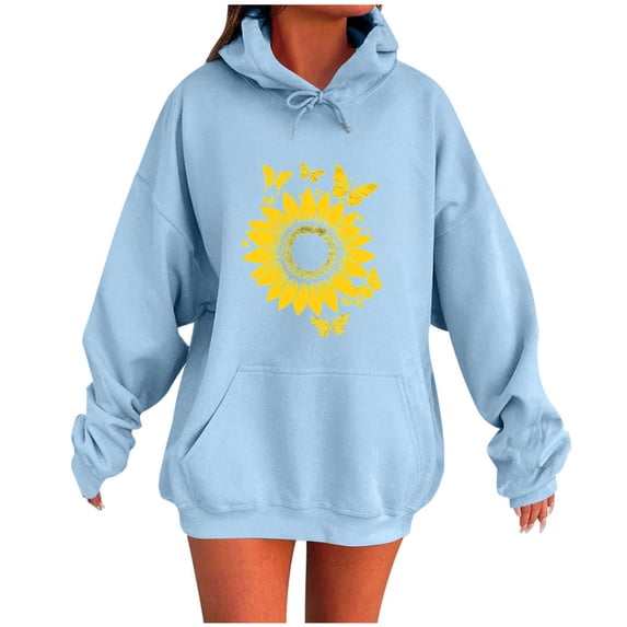 Dagegui Sunflower Hoodies for Women Oversized Sweatshirts Fall Winter Hooded Pullover Top | Aesthetic Drop Shoulder, Long Sleeve, Baggy, Pocket, School, Everyday Casual Wear Light Blue L