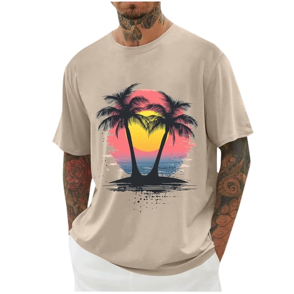 Dagegui Sunset Palm Tree Graphic T-Shirts for Men Casual Crew Neck Short Sleeve Tops Big and Tall Summer Basic Tees Khaki XXXL