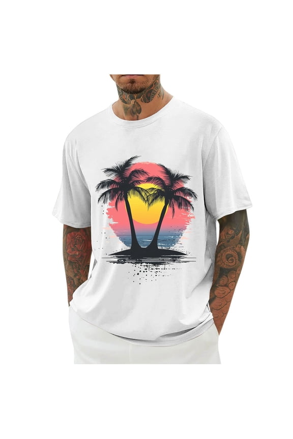 Sunset Palm Tree Graphic T-Shirts for Men Casual Crew Neck Short Sleeve Tops Big and Tall Summer Basic Tees White L