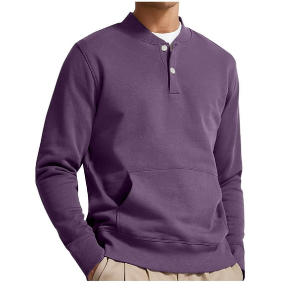 Dagegui Sweatshirts for Men Long Sleeve Buttons Henley Shirts Casual Crew Neck Pullover Thin Fleece Athletic Tops Purple L