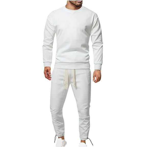 Dagegui Sweatsuits for Men 2 Piece Long Set Crewneck Pullover Sweatshirts with Sweatpants Sets Big and Tall Solid Color Casual Outfits White L