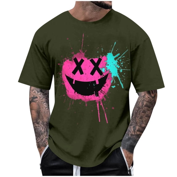 Dagegui T-Shirt for Men Smile Black Teeth Graphic Tee Short Sleeve Crewneck T Shirts Big and Tall Summer Tops Army Green S