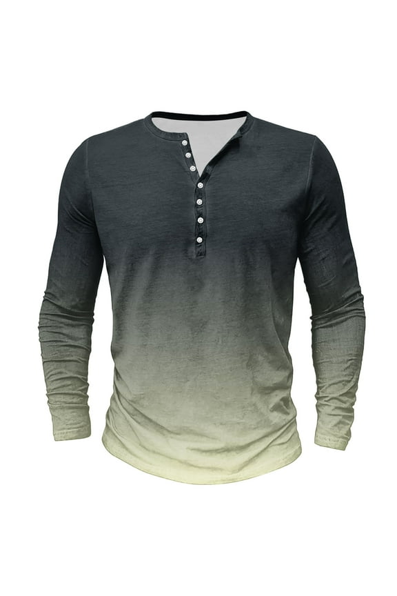 Tie Dye Long Sleeve Shirt for Men Big and Tall Crewneck Button T-Shirts Fall Henley Gradient Color Tees Casual Hawaiian Travel Shirts Dark Gray 2XL