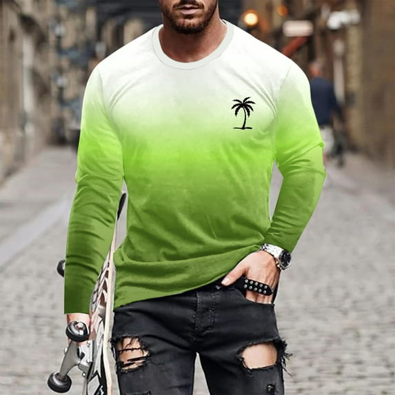 Dagegui Tie Dye Shirts for Men Gradient Color Long Sleeve T-Shirts with Palm Tree Big and Tall Fall Basic Crewneck Shirt Casual Beach Travel Tees Tops Yellow XL