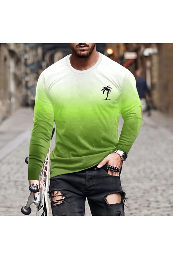 Tie Dye Shirts for Men Gradient Color Long Sleeve T-Shirts with Palm Tree Big and Tall Fall Basic Crewneck Shirt Casual Beach Travel Tees Tops Yellow XL