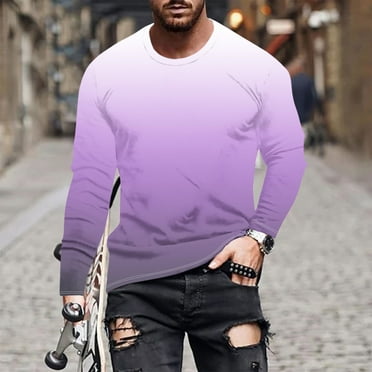 Dagegui Tie Dye Shirts for Men Long Sleeve Tops Crewneck Gradient Color Pullover Shirt Big and Tall Slim-Fit Athletic Tees Fashion Fall T-Shirts Today Clearance Purple L