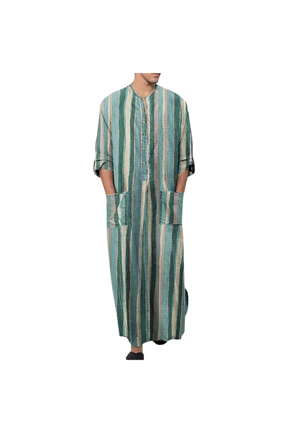 Men's Striped Robe Fall Button Up Long Sleeve Kaftan with Pockets Woven Casual Loose Fit Gown Thobe Green 3XL
