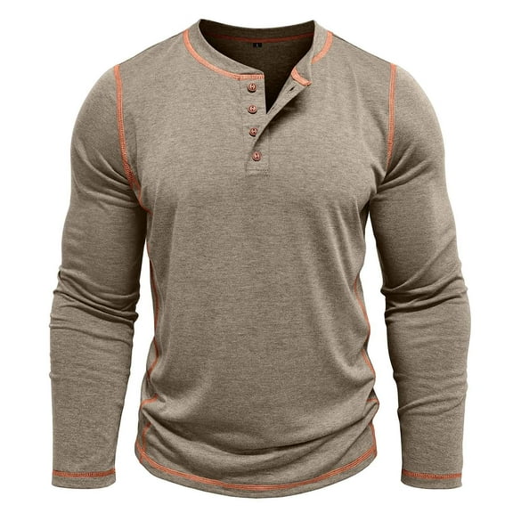 Dagegui Mens Casual Henley Shirts Long Sleeve Buttons T Shirt Basic Slim Fit Pullover Tops Lightweight Gym Workout Muscle Tees Fall Clothes Khaki,XXL
