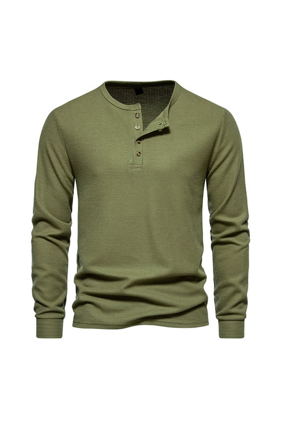 Mens Henly Shirts Waffle Long Sleeve Crew Neck T-Shirts Solid Buttons Loose Fit Shirt Daily Casual Tops Army Green L
