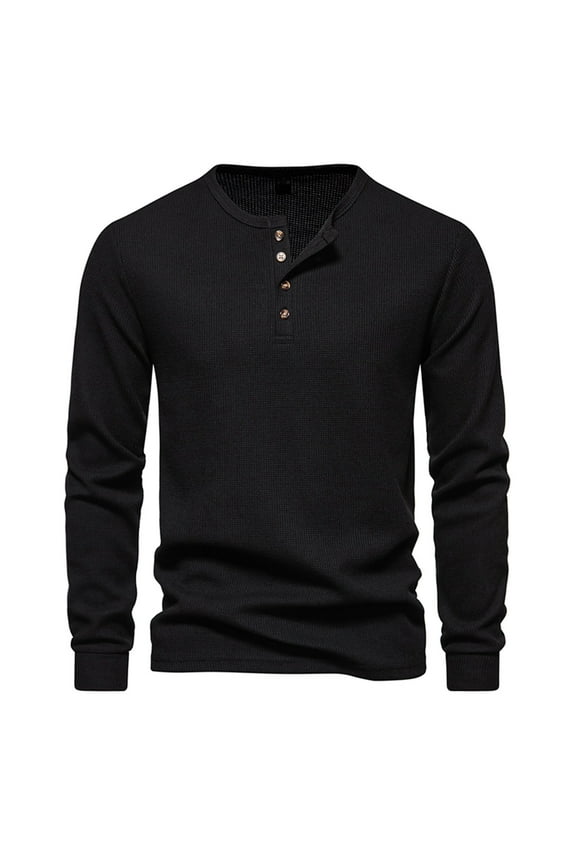 Mens Henly Shirts Waffle Long Sleeve Crew Neck T-Shirts Solid Buttons Loose Fit Shirt Daily Casual Tops Black S