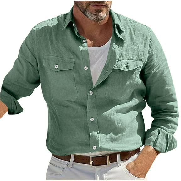 Dagegui Mens Casual Shirts Cotton Linen Long Sleeve Button Down Tops Lightweight Breathable Tees Solid Color Beach Vacation Shirt with Chest Pockets Green,S